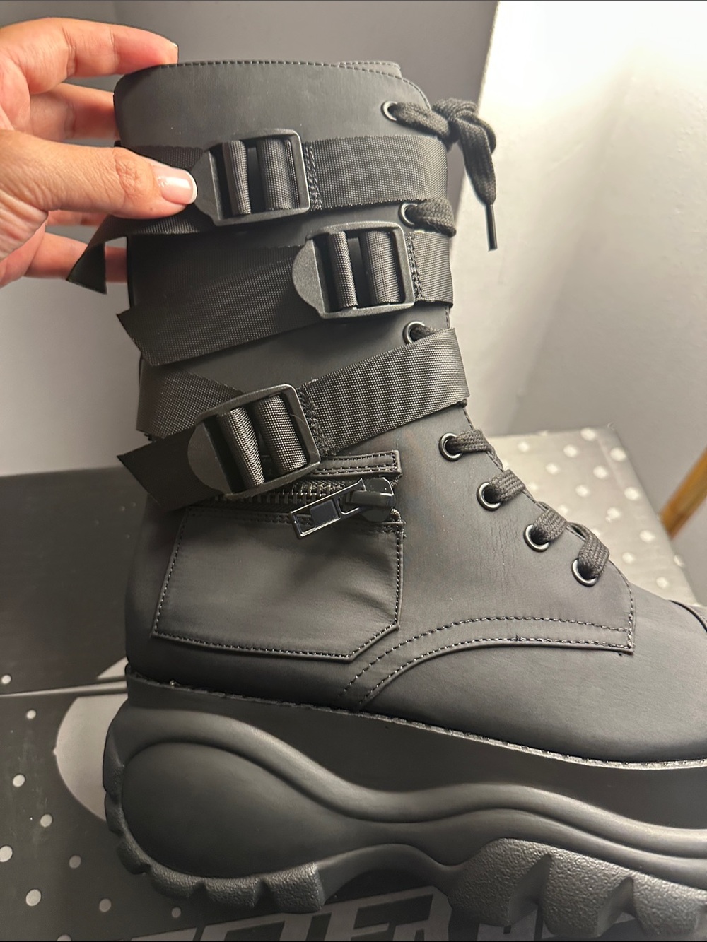 Dolls Kill Black Chunky Platform Combat Boots with Straps - Picture 3 of 5